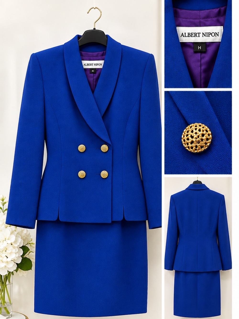 Albert Nipon Vintage 2PC Cobalt Blue Double-Breasted Skirt Suit SZ 12 Boss Girl